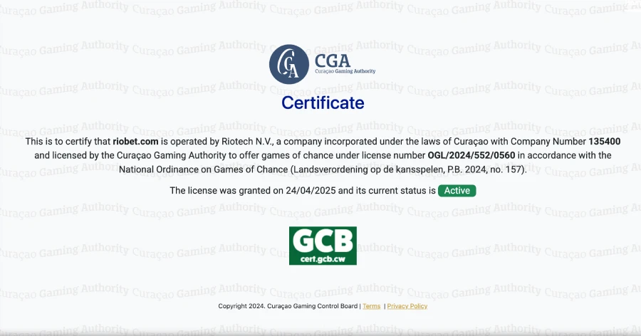 Certificado da Licença de Curação GCB do Riobet cassino