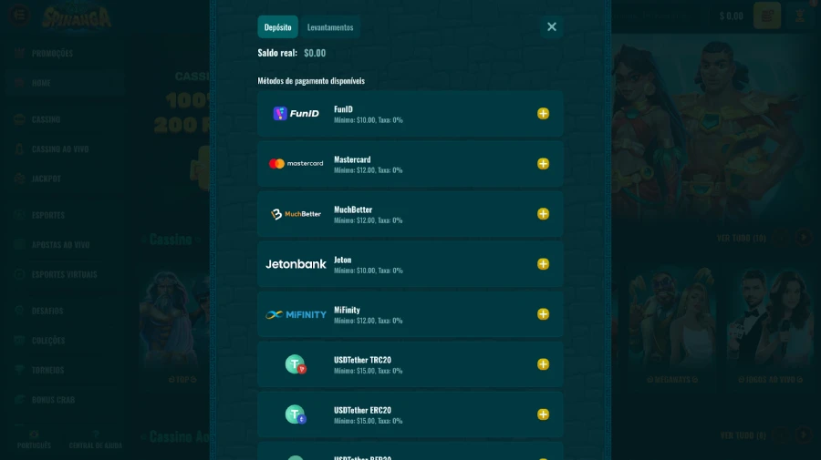 Métodos de depósito disponíveis no Spinanga cassino
