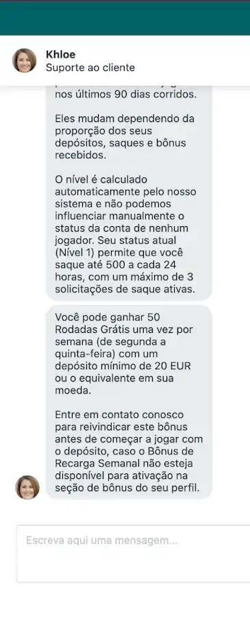 Resposta do suporte ao cliente sobre limites na conta