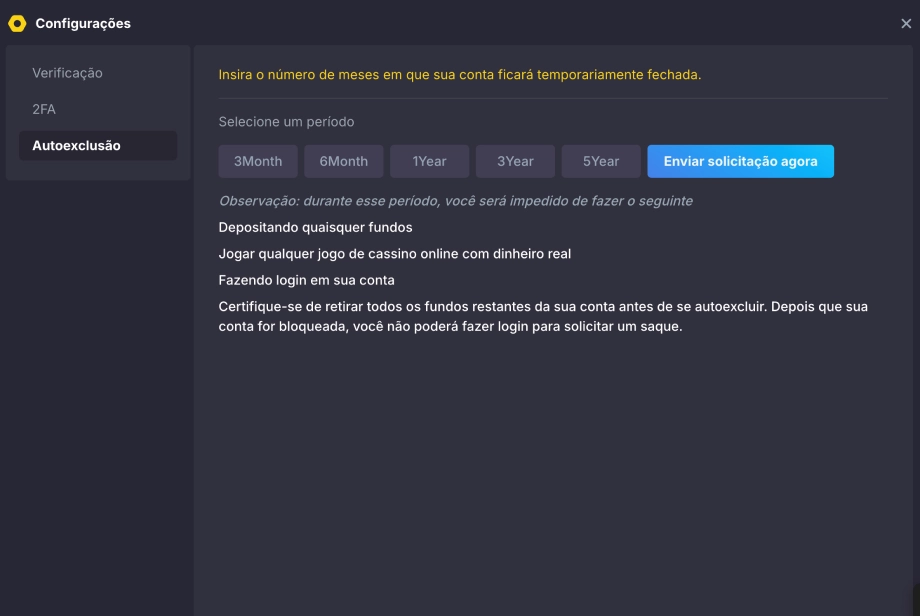 Opção de autoexclusão do cassino virtual Playing.io