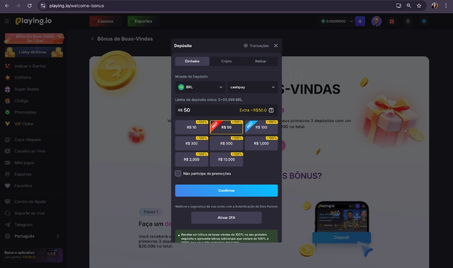 Depósito usando Reais no Playing.io