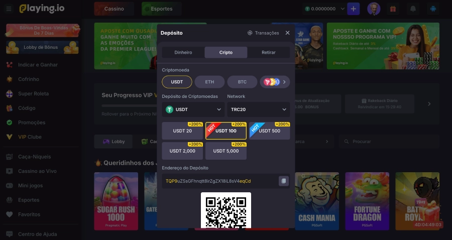 Playing.io opção de depositar via criptomoedas