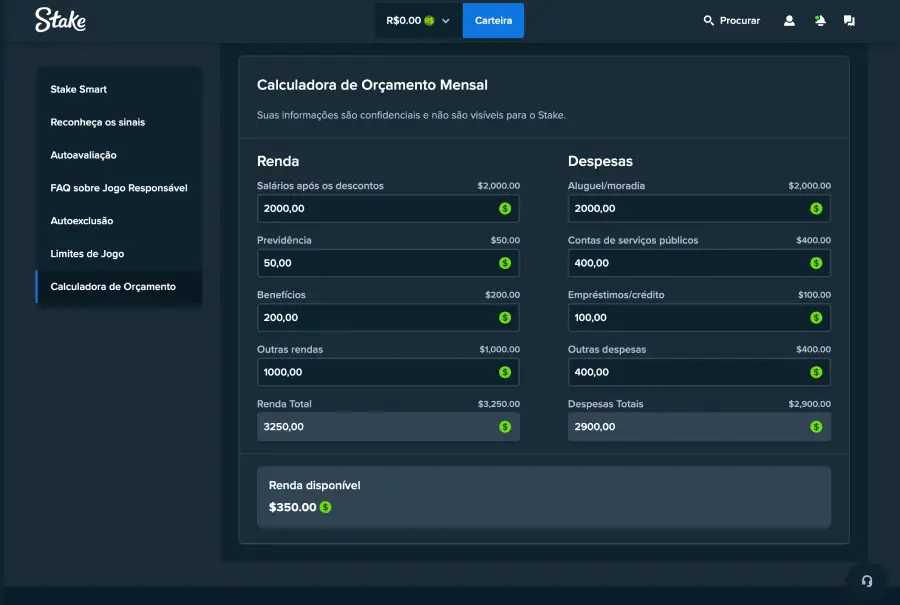 Stake Cassino - Calculadora de orçamento mensal 