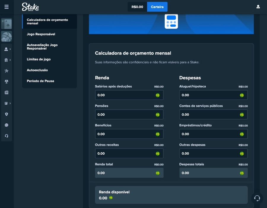 Calculadora de orçamento disponível do Stake