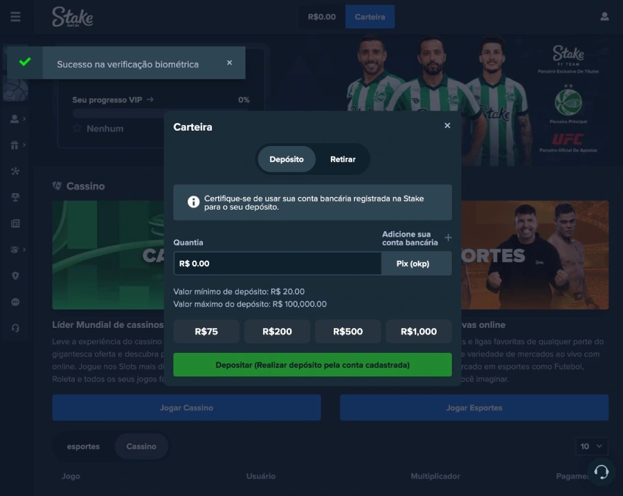 Processo para depositar no Stake cassino