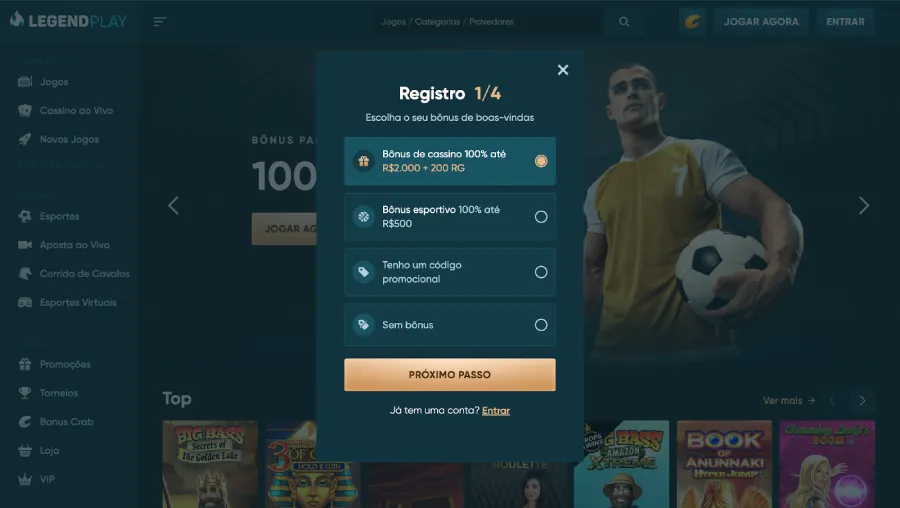 Registrar-se no LegendPlay leva apenas alguns passos.