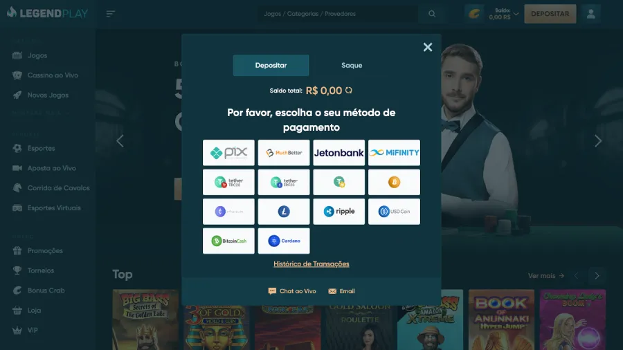 Métodos de depósito disponíveis no LegendPlay.