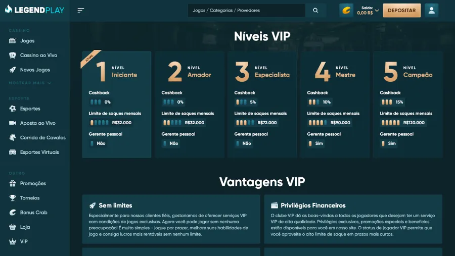 O programa VIP do LegendPlay é estruturado em 5 níveis.