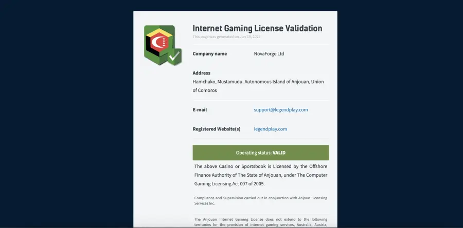 Certificado de operação do LegendPlay que você pode acessar no rodapé do site.