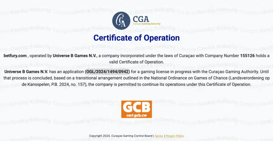 Certificado de Curaçao da BetFury.