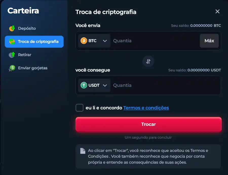 Troca de tokens disponível no cassino BetFury