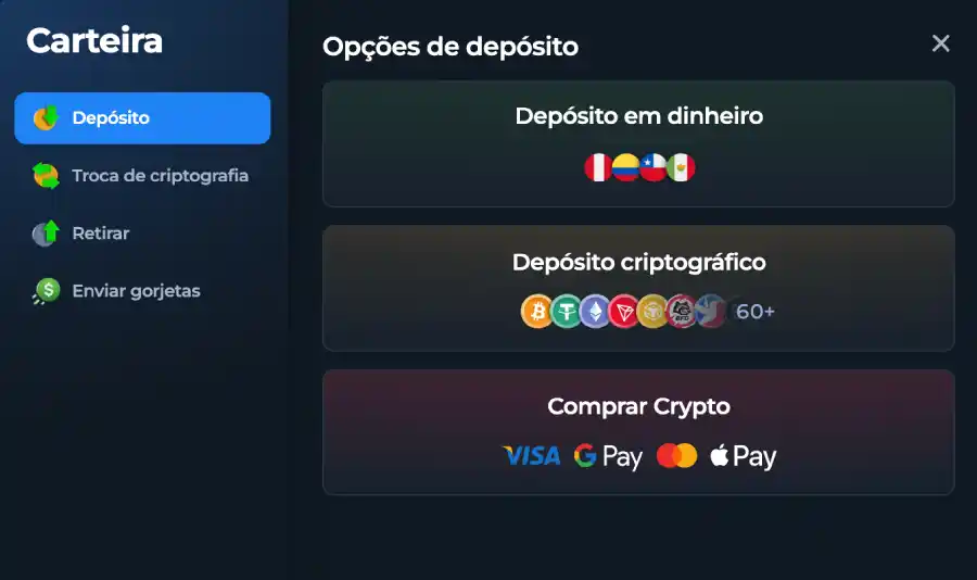 Métodos de depósito disponíveis no BetFury