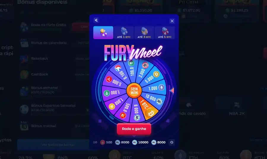 Fury Wheel e seus prêmios disponíveis diariamente.