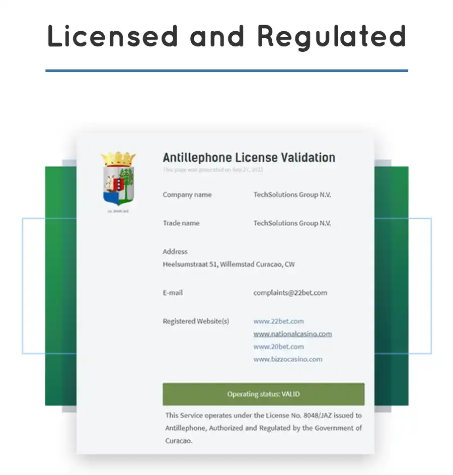 Licença de Bizzo Casino disponível no site da sua empresa dona.