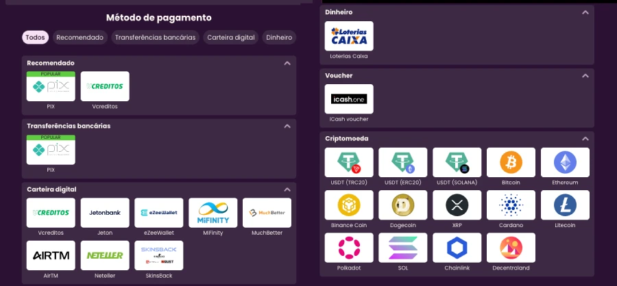 Métodos de pagamento do Bizzo Casino