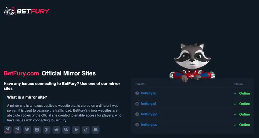 Explicação do BetFury sobre os seus sites espelhos.