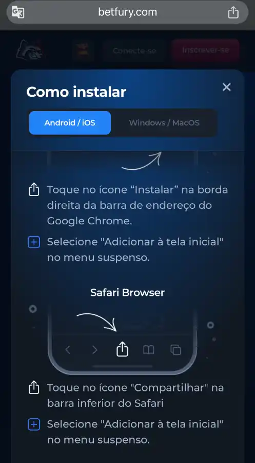 Passo a passo para adicionar atalho do BetFury no iOs.