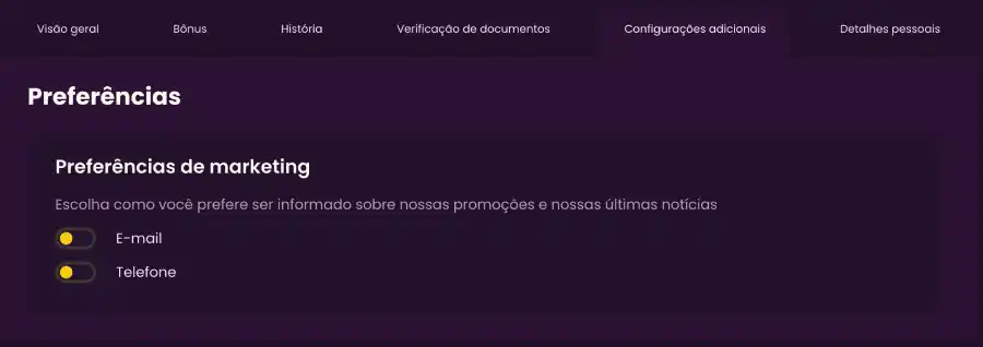 Preferências de marketing nas configurações da conta.
