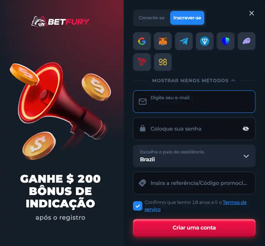 Processo para abrir minha conta no Betfury