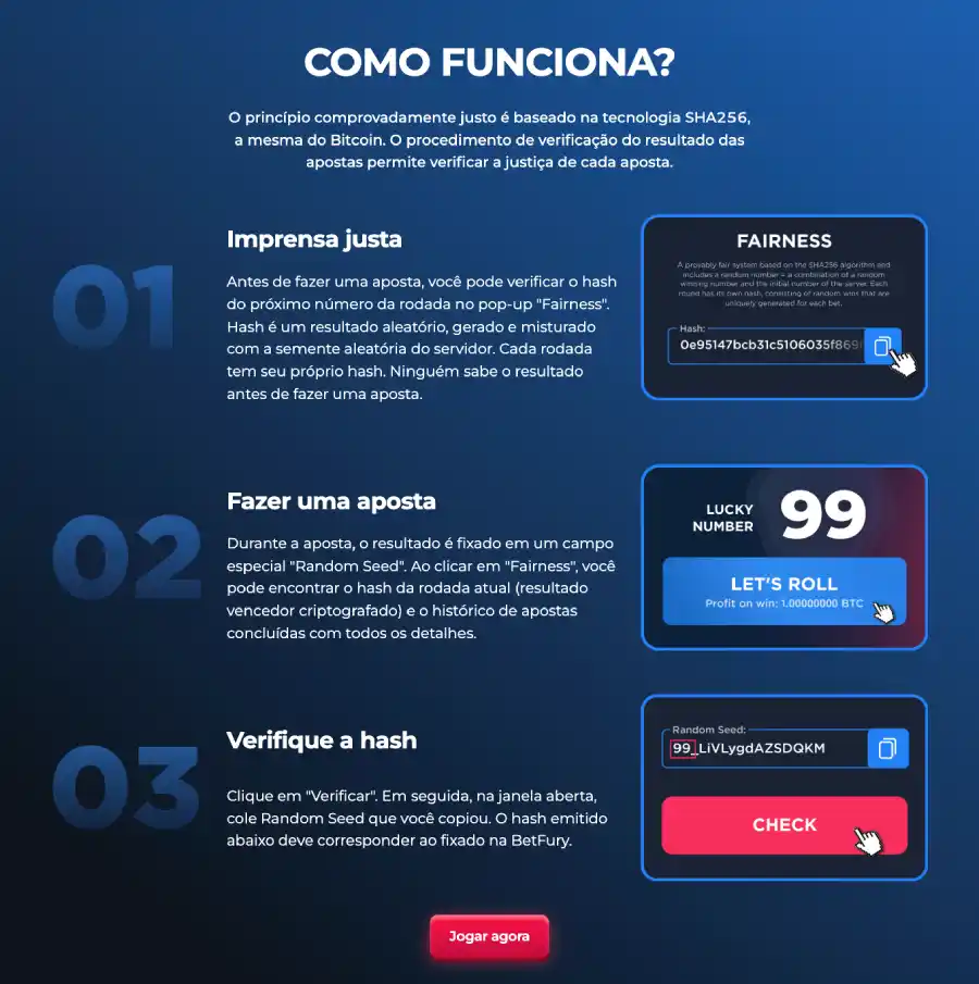 Sistema Provably Fair da BetFury para garantir resultados justos e aleatórios.