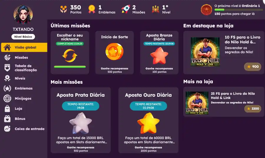 Perfil dentro da aba Missões do Bizzo Casino