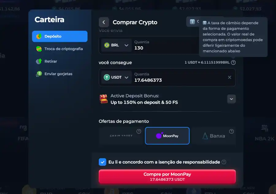 Comprando cripto dentro do BetFury