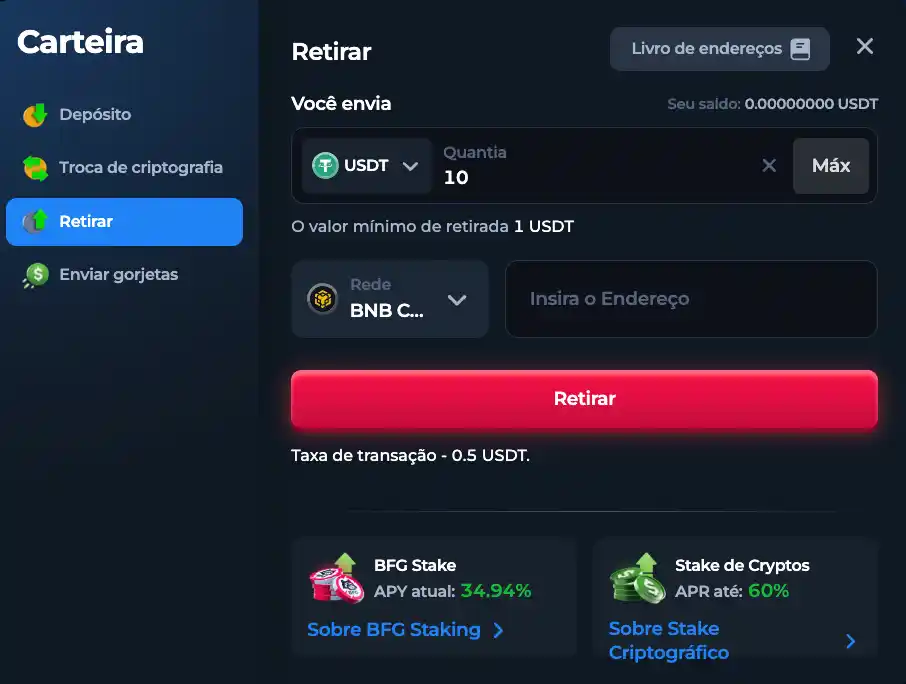 Simulação de saque de USDT e taxas do Betfury.