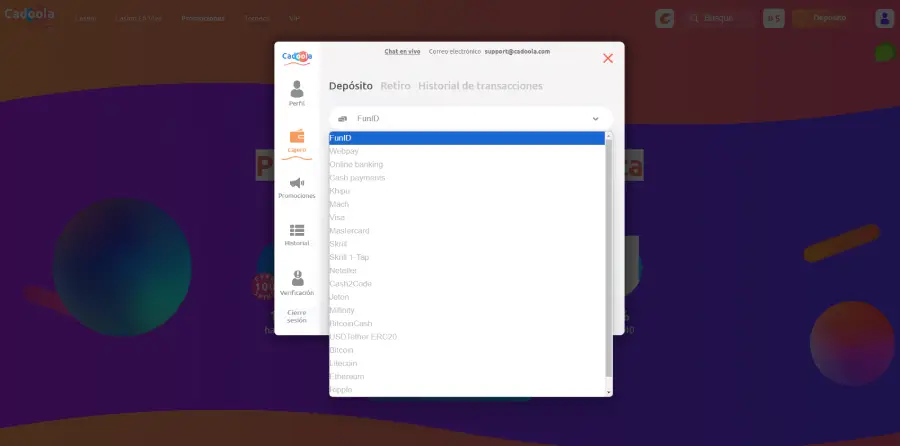 Cadoola Casino apresenta meios de pagamento flexíveis e fáceis de selecionar por meio de um menu suspenso.