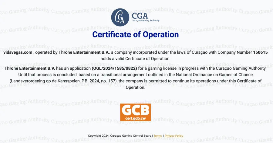 Licença de Curaçao do cassino VidaVegas