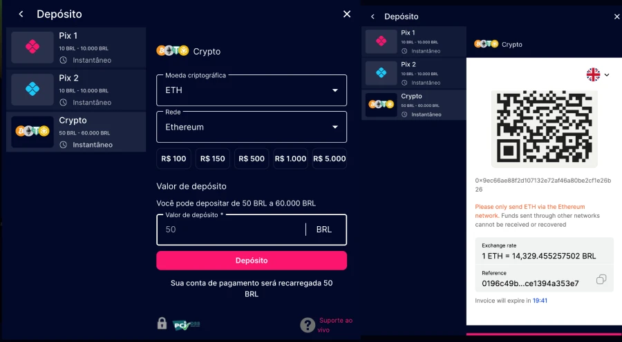 Processo para depositar com criptomoedas em VidaVegas