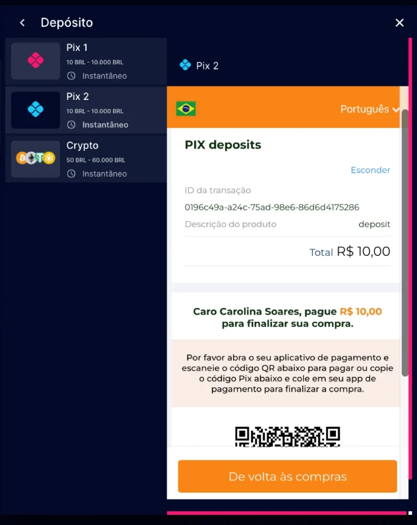 Simulando depósito via Pix 2 no VidaVegas