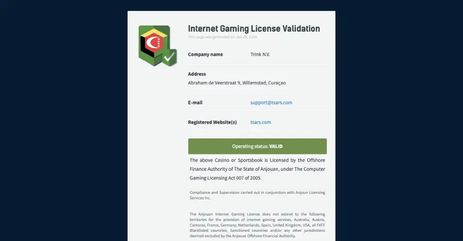 O Tsars Casino é licenciado pela Autoridade de Jogos de Anjouan.