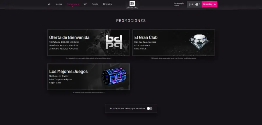A seção de bônus do cassino Playgrand é um pouco limitada, como você pode ver na imagem.