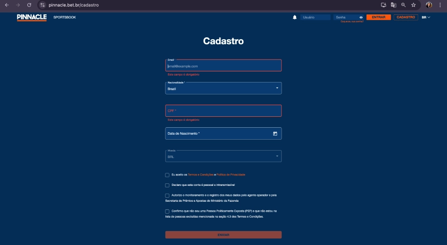 Processo de cadastro do Pinnacle Brasil