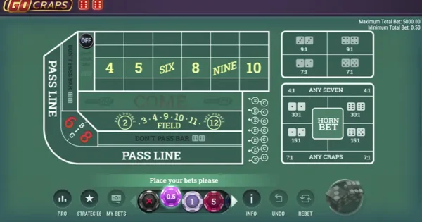 Mesa de craps digital do jogo Go Craps da Play’n GO, com design realista e jogabilidade interativa.