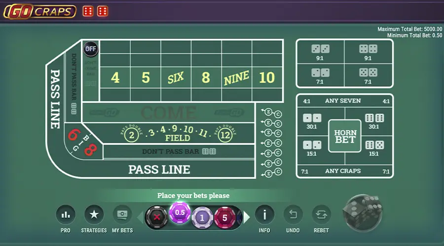 Mesa de craps digital do jogo Go Craps da Play’n GO, com design realista e jogabilidade interativa.