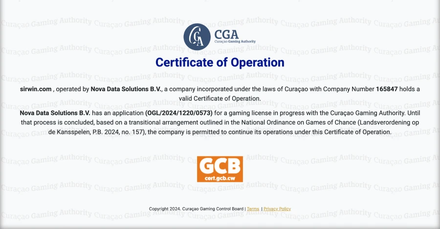 A imagem mostra o certificado de operação do Sirwin emitido pela GCB.