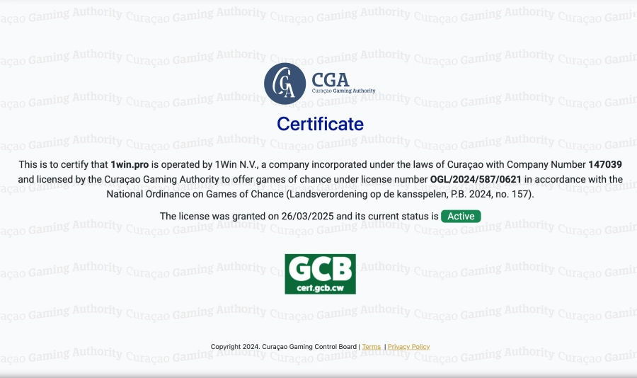 Licença ativa do cassino 1win