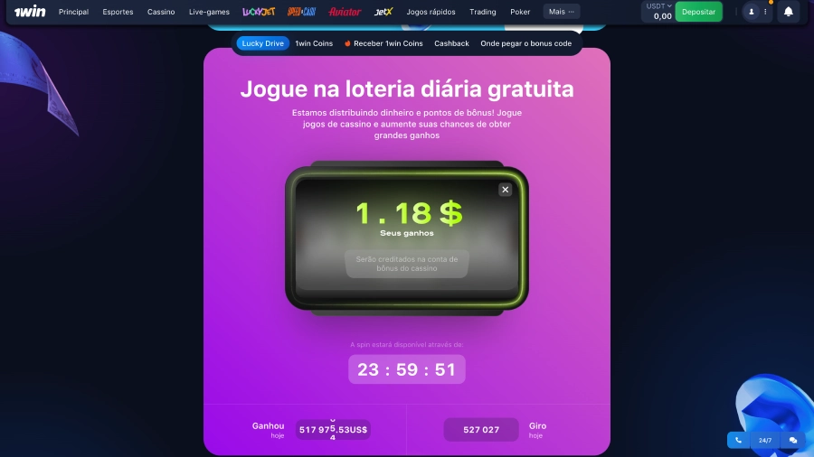 Ganho que consegui ao girar na Loteria gratuita do 1win cassino.
