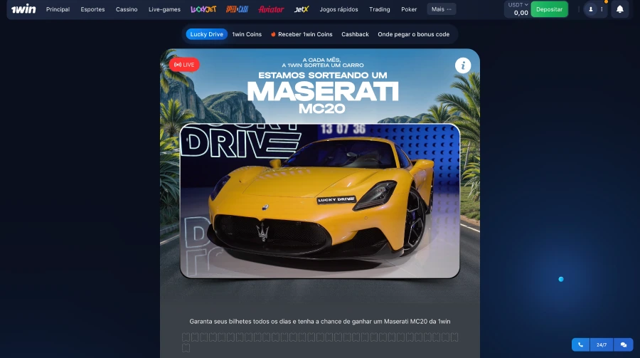 Sorteio de Maserati no cassino 1win