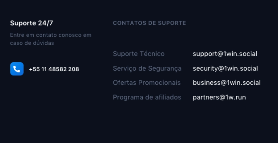 Opções de contato disponíveis no 1win cassino
