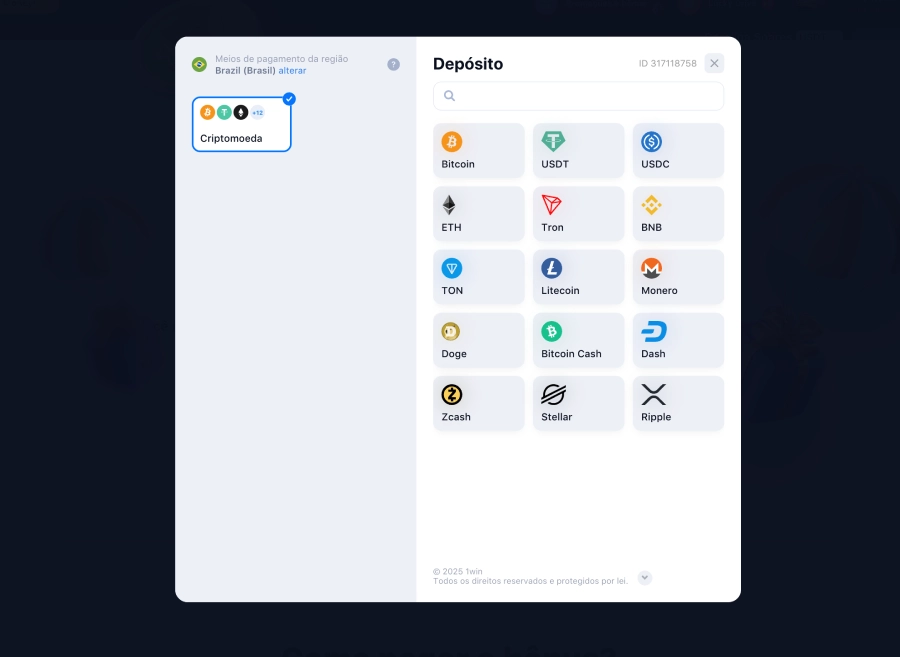 Métodos de depósitos disponíveis para a plataforma 1win.