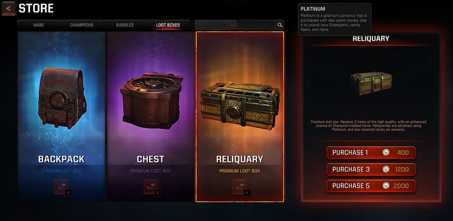 O sistema de caixas de recompensa de Quake Champions, com os preços das caixas pagas ocultos atrás de uma moeda "secundária" confusa.