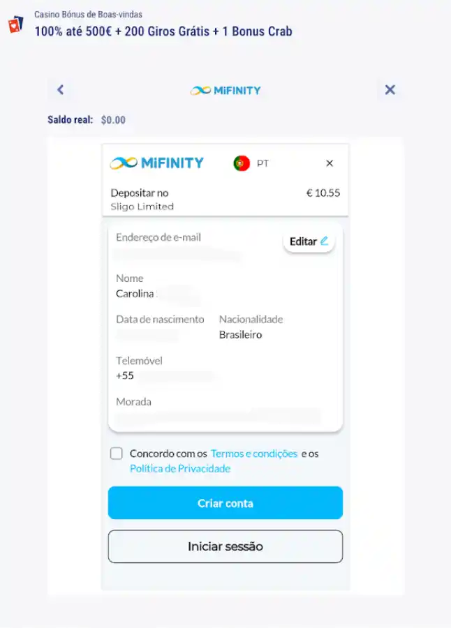Simulando um depósito usando o MiFinity no cassino Tikitaka