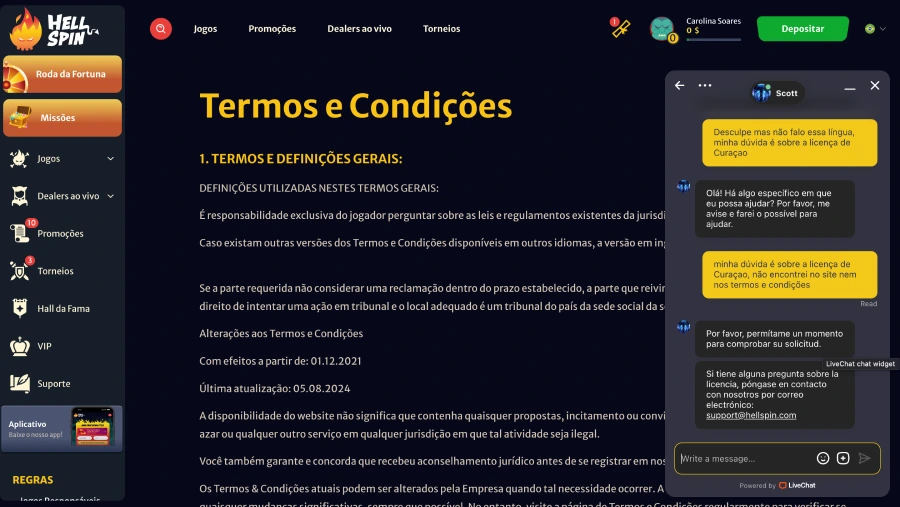O segundo contato com o suporte sobre a licença de Curaçao também não trouxe resultados.