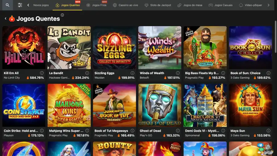 A imagem mostra os “Jogos Quentes” com suas respectivas porcentagens.