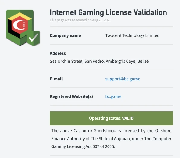 Licença BCGame