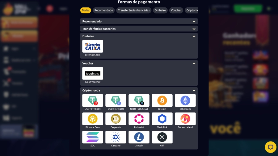 Métodos de pagamento disponíveis no Hell Spin