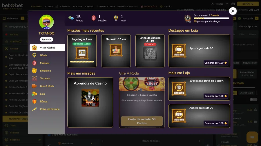 A imagem mostra o sistema BetOBet Missions.