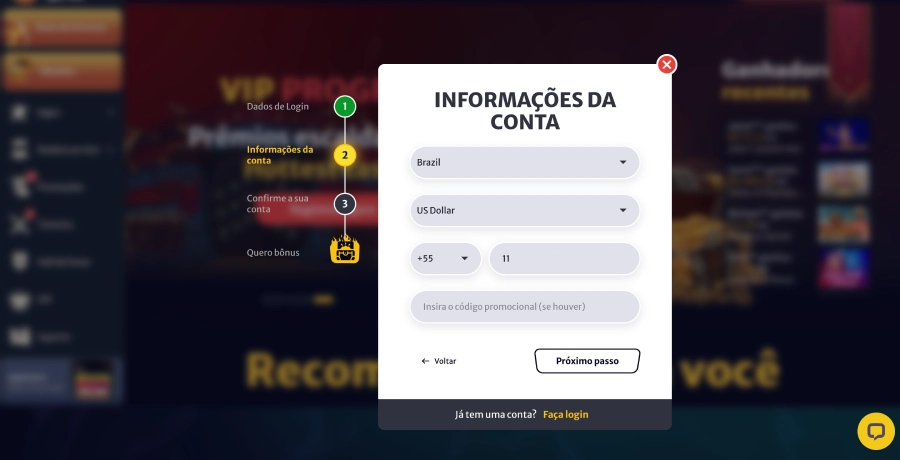 O registro no Hell Spin é padrão e se resume a dados básicos.